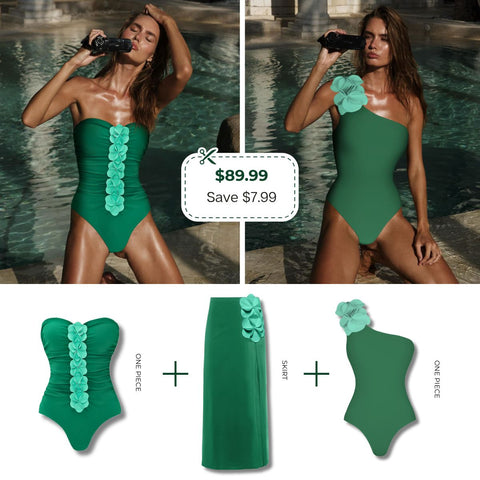 Oblique Shoulder 3D Flower One Piece Swimsuit and Skirt
