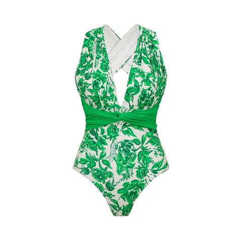 V Neck Printed One Piece Swimsuit and Skirt