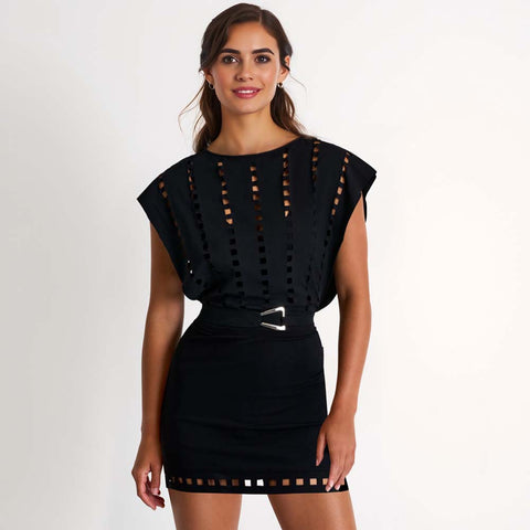 Black Hollow Design One Piece Swimsuit and Skirt