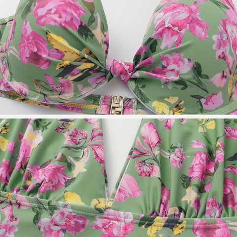 Floral Top & Plunging Ruched Swim Set and Skirt	