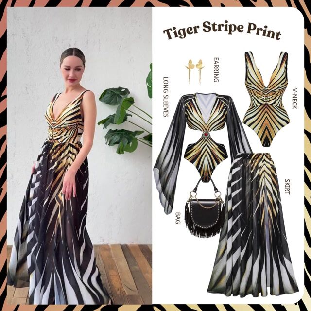 V-neck Tiger Stripe Print One Piece Swimsuit and Skirt	