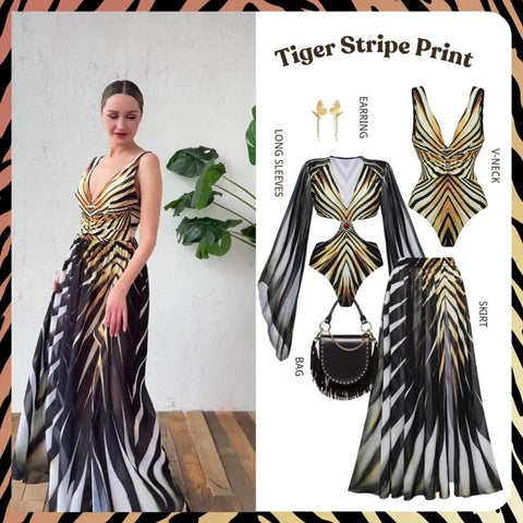 V-neck Tiger Stripe Print One Piece Swimsuit and Skirt	