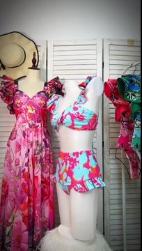 Printed Ruffle Bikini Swimsuit and Skirt	