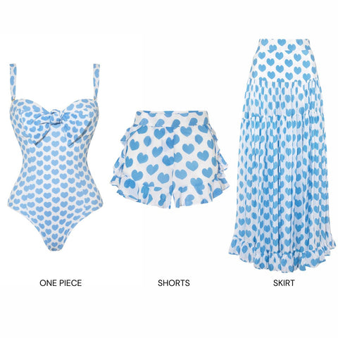 Bowknot Heart Print One Piece Swimsuit and Skirt	