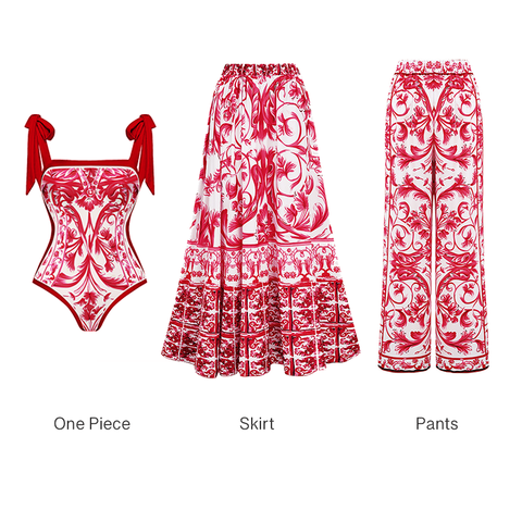 Reversible Tie-shoulder Baroco Style Printed One Piece Swimsuit and Skirt