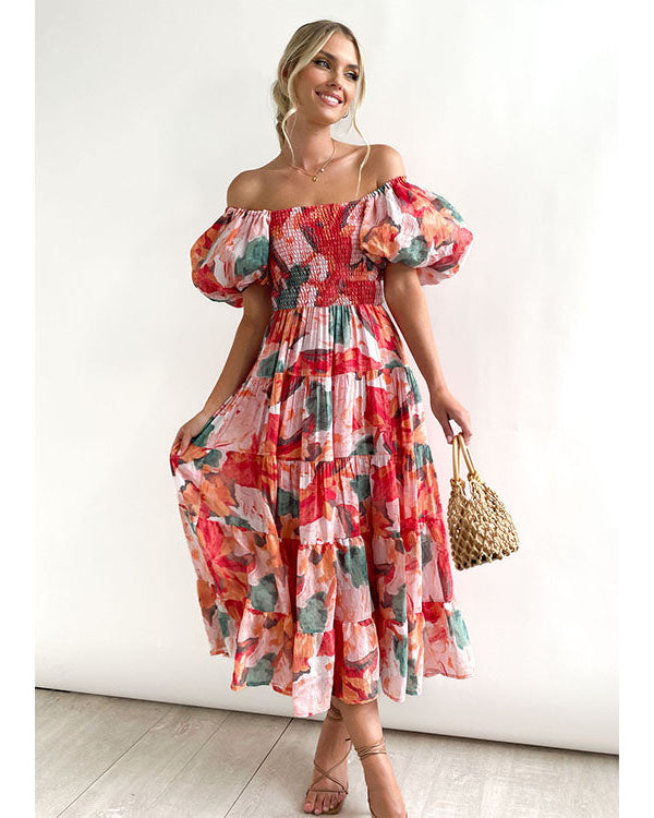 Off Shoulder Puff Sleeve Midi Dress