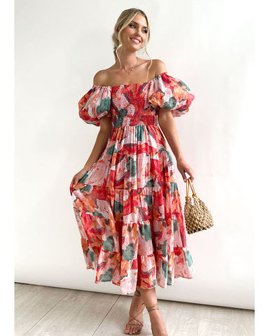 Off Shoulder Puff Sleeve Midi Dress
