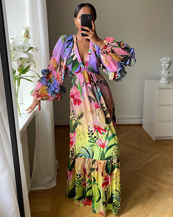 Ruffle V Neck Blossom Printed Dress