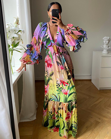 Ruffle V Neck Blossom Printed Dress