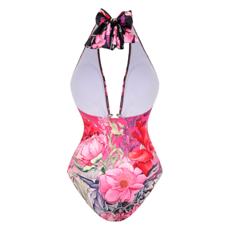 Deep V Neck Halter Printed One Piece purple	