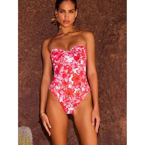 Red Floral One Piece Swimsuit and Cover Up
