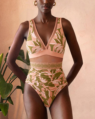 V Neck Mesh Splicing Print Swimsuit Set(s)