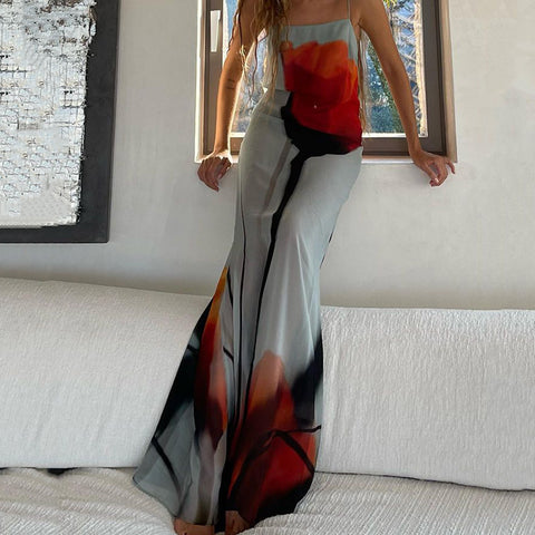 See Through Blossom Print Sling Dress