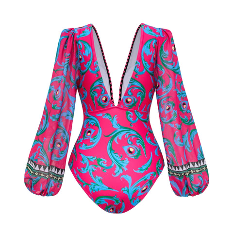 Long-sleeved Peacock Totem Print One Piece Swimsuit and sarong
