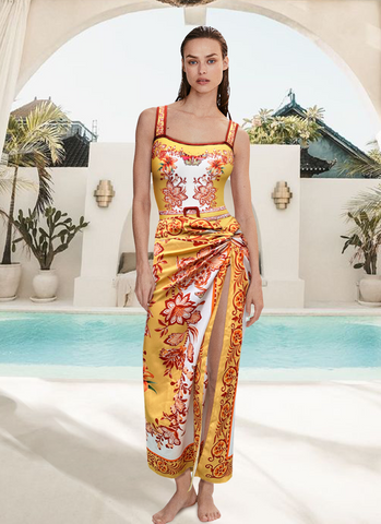 Sling Creative Flower Butterfly Lily Print One Piece Swimsuit and sarong or Pants