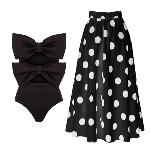 Bandeau Cutout Black One Piece Swimsuit and Skirt