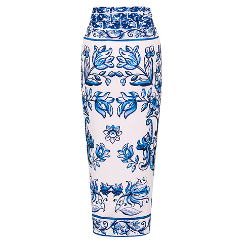 Ruffle Blue and White Porcelain Pattern Majolica Print One Piece Swimsuit and Skirt or Sarong	