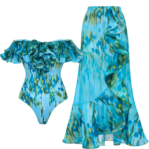 Removable Shoulder Strap Off Shoulder Ruffle Abstract Pattern Print One piece Swimsuit and Skirt