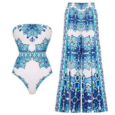 Off Shoulder Majolica Print One Piece Swimsuit and sarong or Pants