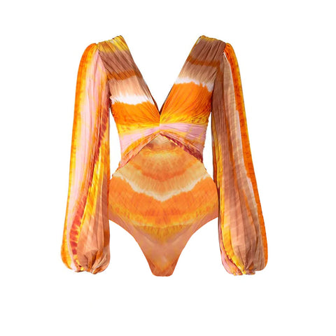 V Neck Chiffon Long Sleeve Orange One Piece Swimsuit and Skirt