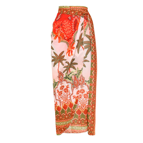 Off Shoulder Coconut Palm Print One Piece Swimsuit With Belt and Skirt
