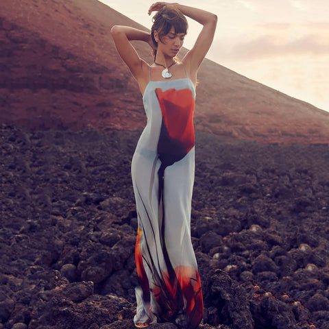 See Through Blossom Print Sling Dress