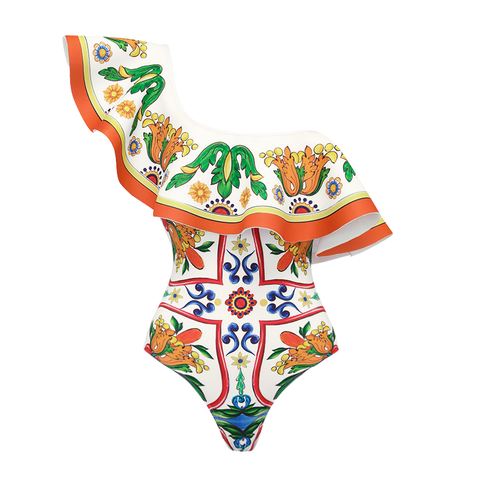One Shoulder Ruffle Paisley-print One Piece Swimsuit and sarong or Pants