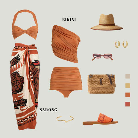 One Shoulder Ruched Rust High Waist Bikini Swimsuit and sarong