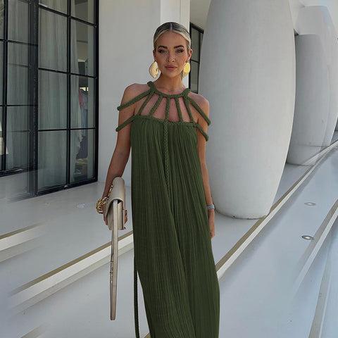 Off Shoulder Halter Maxi Dress(With Belt)