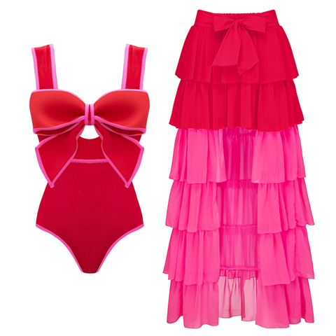 Bow Front Cut Out Color Block One Piece Swimsuit and Skirt