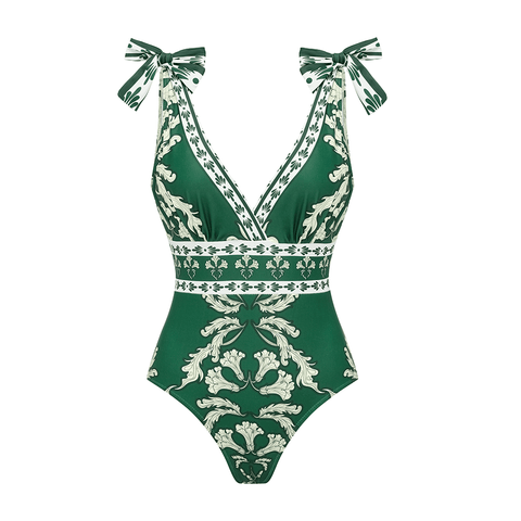 Green V Neck Lace Up Printed One Piece Swimsuit and Skirt