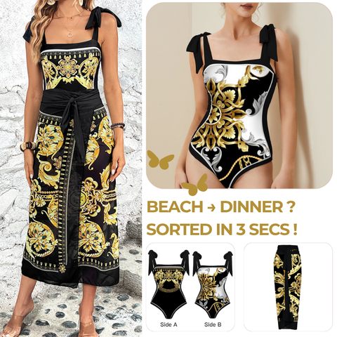 Reversible Tie-shoulder One Piece Swimsuit and Sarong