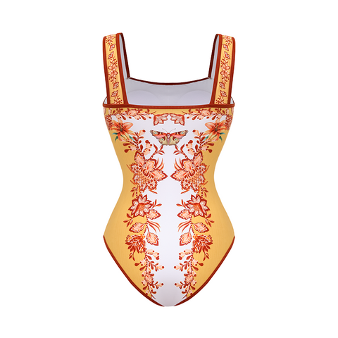 Sling Creative Flower Butterfly Lily Print One Piece Swimsuit and sarong or Pants