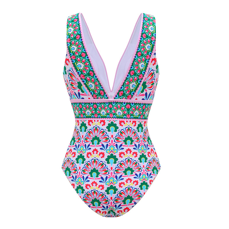 V Neck Printed One Piece Swimsuit and Skirt	