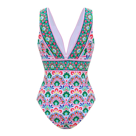 V Neck Printed One Piece Swimsuit and Skirt	