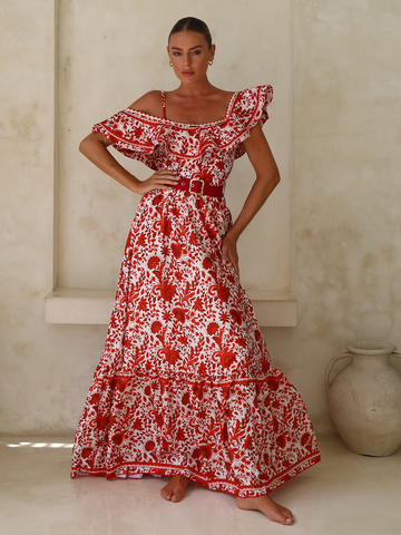 Bandeau Ruffled Red Flower Silhouette Print One Piece Swimsuit and Skirt