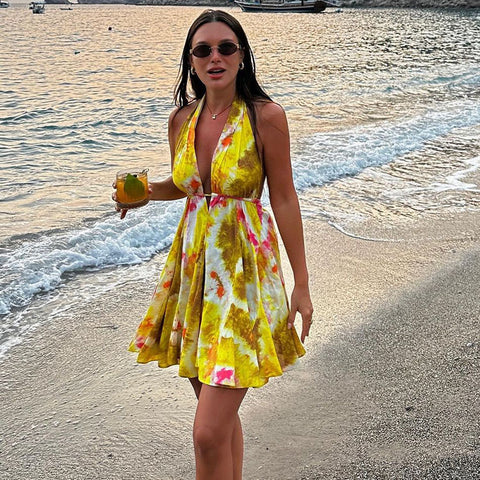 Halter Yellow Printed Mini Dress