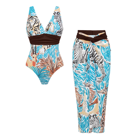 V Neck Animal Print Swimsuit Set(s)	