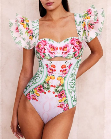 Ruffle Cut Out Lemon Floral Pattern Print One Piece Swimsuit and Skirt