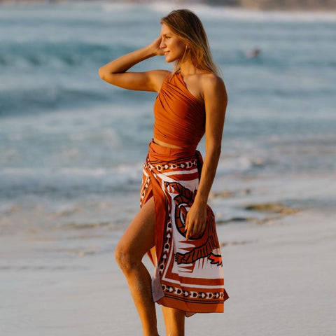 One Shoulder Ruched Rust High Waist Bikini Swimsuit and sarong