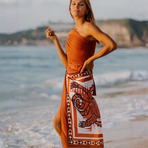 One Shoulder Ruched Rust High Waist Bikini Swimsuit and sarong