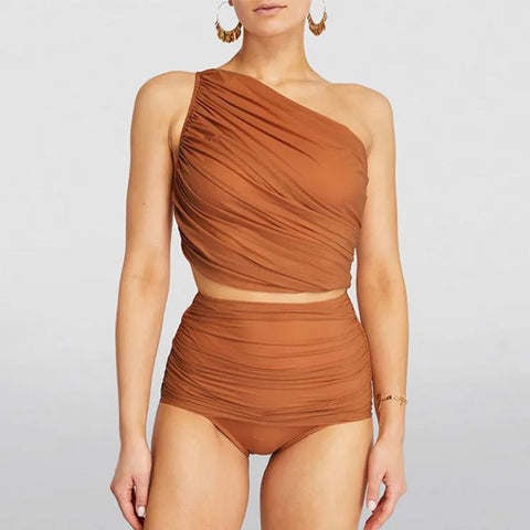 One Shoulder Ruched Rust High Waist Bikini Swimsuit and sarong