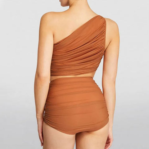 One Shoulder Ruched Rust High Waist Bikini Swimsuit and sarong