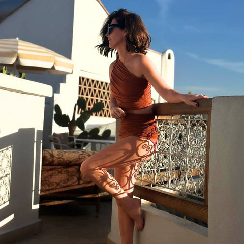 One Shoulder Ruched Rust High Waist Bikini Swimsuit and sarong