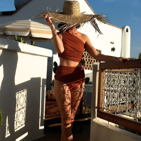 One Shoulder Ruched Rust High Waist Bikini Swimsuit and sarong