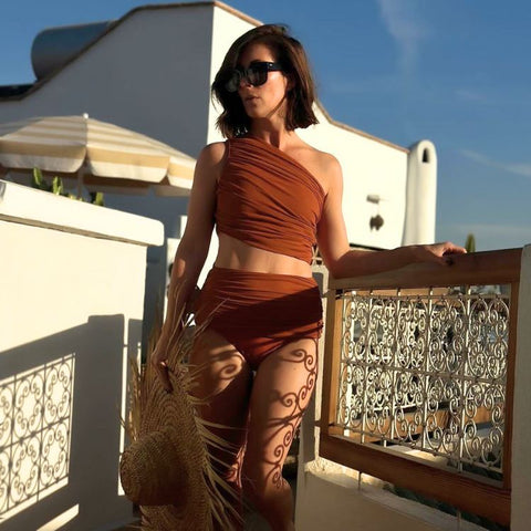 One Shoulder Ruched Rust High Waist Bikini Swimsuit and sarong