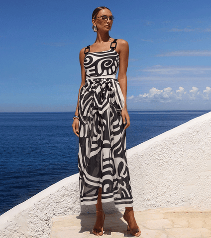 Adjustable Shoulder Straps Black Tribal Print Swimsuit Set(s)	
