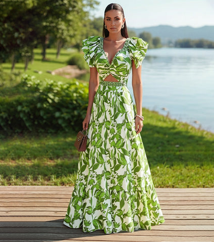 Ruffle V Neck Green Print Cut Out Swimsuit Set(s)