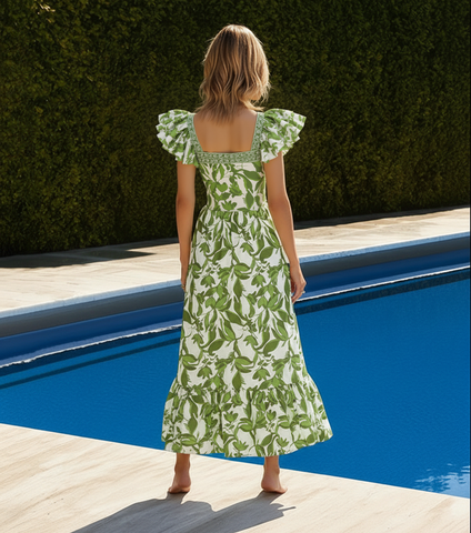 Ruffle V Neck Green Print Cut Out Swimsuit Set(s)