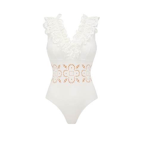 Ruffle White Laser Cutting Flower Hollow Swimsuit Set(s)